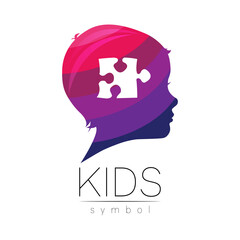 Child logotype with puzzle in few violet colors, vector. Silhouette profile human head. Concept logo for people, children, autism, kids, therapy, clinic, education. Template modern design on white