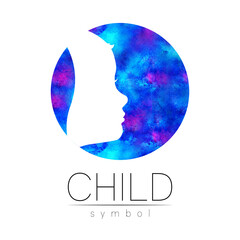 Child logotype in blue circle watercolor. Silhouette profile human head. Concept logo for people, children, autism, kids, therapy, clinic, education. Template symbol, modern design on white background - 446542974