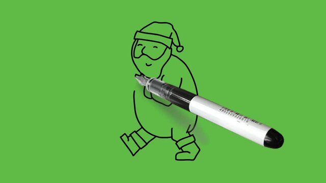 Sketch tiny fat old man with red cap and grey beard carry brown bag on his shoulder with black outline on abstract green background
