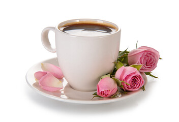 Coffee and roses isolated a white background