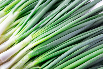 background from green onions on the table.