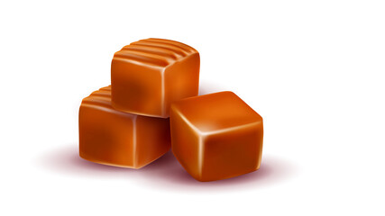Toffee Caramel Candies Delicious Dessert Vector. Toffee Sweet Tasty Snack Pile Portion, Sweetness Nutrition. Sugary Confectionery Food Culinary Recipe Template Realistic 3d Illustration