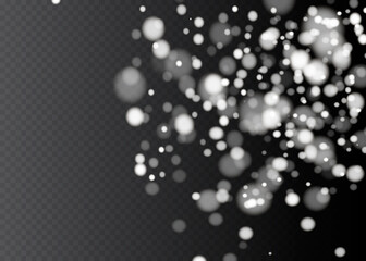 Vector falling snow effect isolated on transparent background with blurred bokeh.