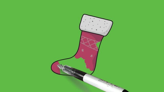 Drawing baby pink sock in white design on abstract green background

