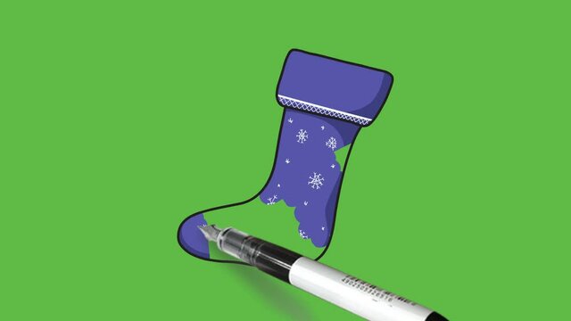 Drawing baby blue sock in white design with black outline on abstract green background
