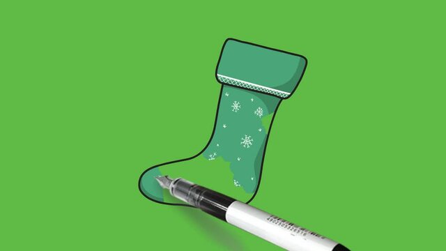 Drawing baby green sock in white design with black outline on abstract green background

