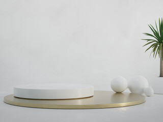 Round white marble podium with a metallic gold base on concrete floor and empty wall background in luxury studio scene. Modern showroom interior 3d rendering image for product display.