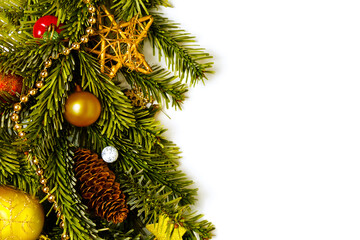 Left Christmas border. Decorated fresh fir branch. 