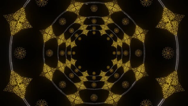 Thai pattern frame is flying through the dark scene.,4K Looped Background Animation