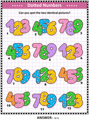 IQ and memory training visual puzzle for kids and adults with colorful dotted numbers: Can you spot the two identical pictures? Answer included.
