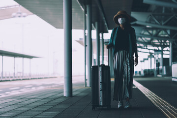 Fototapeta premium キャリーケースとマスク姿の女性