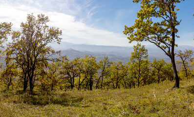 Panoramic views from mountain routes on an autumn sunny day, walking and communicating with nature.