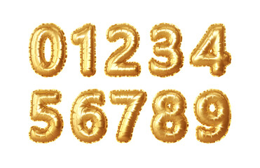 Set of 0,1,2,3,4,5,6,7,8,9 numbers of gold foil balloons. Golden realistic numbers balloons for numbering anniversary, birthday, new year. Vector illustration