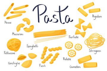 Set of Italian pasta in cartoon style. Types of pastes with names. Vector illustration isolated on white background. Traditional cuisine.
