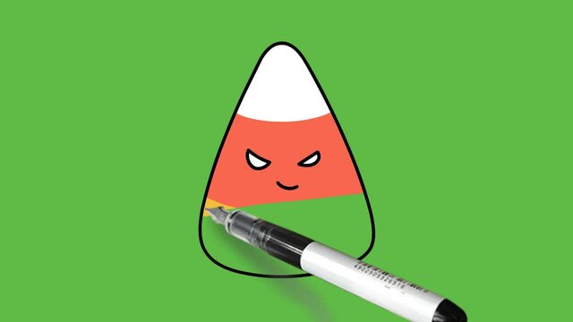 Sketch triangular shape animal face in three colour pink, white and yellow with black outline on abstract green background
