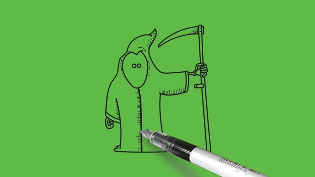 Sketch death eater taking axe in his hand with black outline on abstract green background
