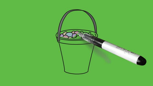 Sketch green bucket filled with colourful babble with black outline on abstract green background
