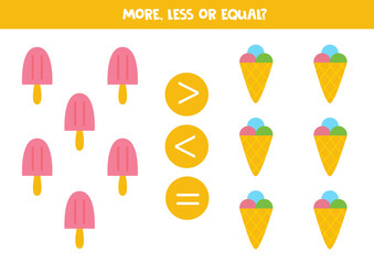 More, less, equal with ice creams. Math comparison.
