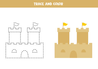 Trace and color cartoon sand castle. Worksheet for kids.