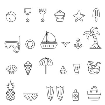 Collection of black and white summer elements. Coloring pages.
