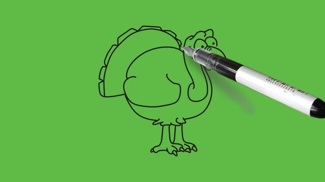 Sketch sad ostrich with black pen on abstract green background
