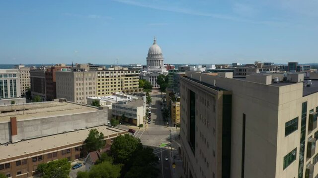 Wisconsin State Capitol Building - Aerial Establishing Shot on Beautiful Summer Day