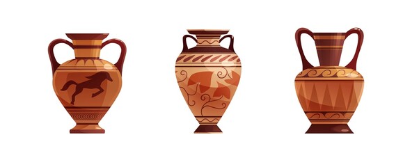 Antique Greek vase with decoration. Ancient traditional clay jar or pot for wine. Vector cartoon illustration.