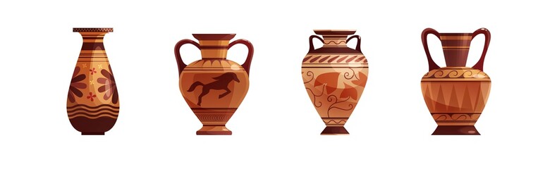 Antique Greek vase with decoration. Ancient traditional clay jar or pot for wine. Vector cartoon illustration.
