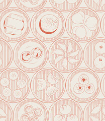 The seamless pattern design. The hand-drawn Asian traditional food Dim Sum, Yang-Cha. repeatable food background design in vintage style. included steamer, buns, soup dumplings, and shrimp dumplings.