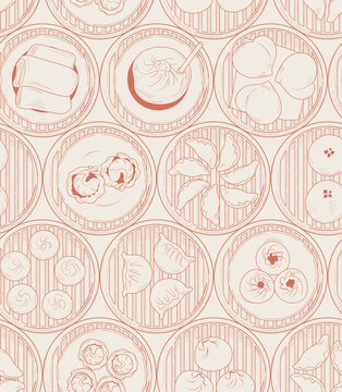 The seamless pattern design. The hand-drawn Asian traditional food Dim Sum, Yang-Cha. repeatable food background design in vintage style. included steamer, buns, soup dumplings, and shrimp dumplings.