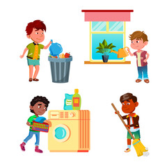 Boys Kids Cleaning And Doing Housework Set Vector. Children Watering Domestic Plant And Cleaning Floor With Broom, Throw Out Trash And Washing Clothes. Characters Flat Cartoon Illustrations