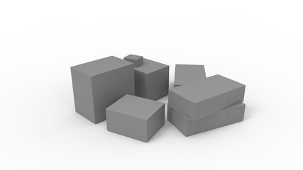 3d rendering of a couple of boxes gatherd together light bright template isolated on white background.