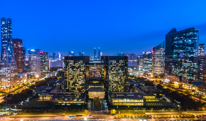 Aerial photography night view of modern city architecture landscape in Hangzhou, China