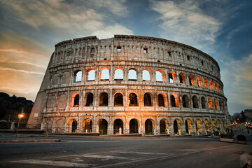 Plakat Colosseum in Rome in the night. travel directions and rest in Italy. Europe sightseeing landmarks and tourism