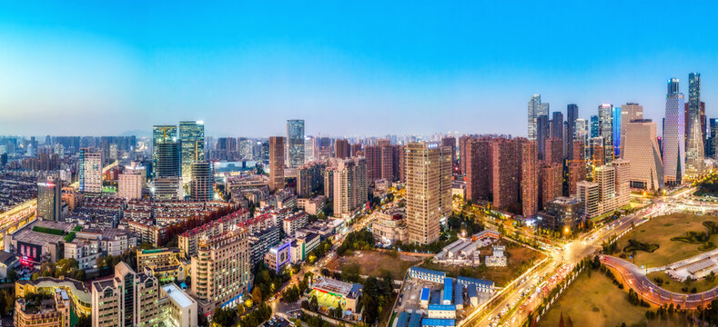 Aerial photography night view of modern city architecture landscape in Hangzhou, China