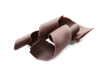 Delicious chocolate curls on white background