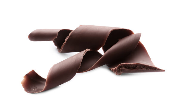 Delicious chocolate curls on white background