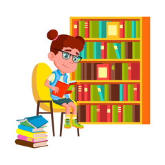 Girl Reading Educational Book In Library Vector. Schoolgirl Sitting On Chair Near Bookshelf And Read Education Book. Character Caucasian Child Studying Literature Flat Cartoon Illustration