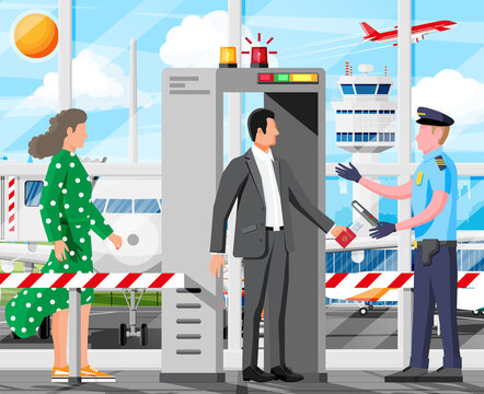 Metal Detector Gate in Airport Interior. Scanner Gate, Man and Police Officer. Frame Detecting Metal. Modern Metal Detector Equipment. Airport Security Control Device. Flat Vector Illustration