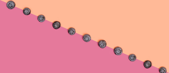 Flat lay lined arrangement of fresh organic blueberries fruit against diagonal of terracotta and light purple backgrounds.