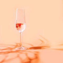 A glass of cocktail with red currant. Champagne posh concept arrangement against terracotta and light peach background with shade..