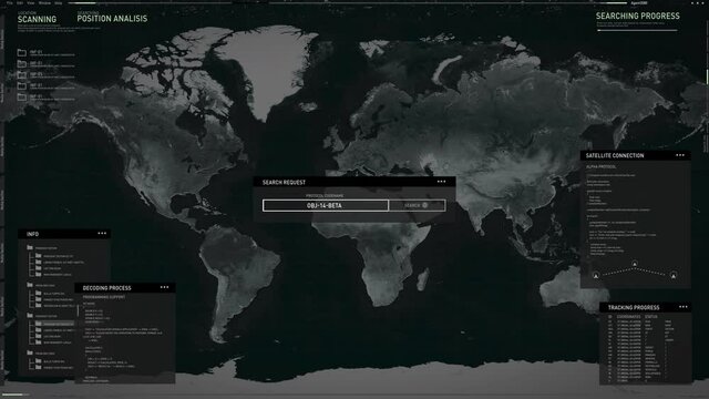 Authentication Protocol.Interface loading. Position Analysis. Radar Scan Through the Continents. Search Zones. Target Detected in Los cabos. Data. High Tech Tracking Technology.Computer User interface