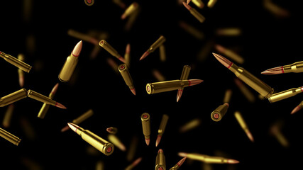 Falling bullets on a black background with depth of field.