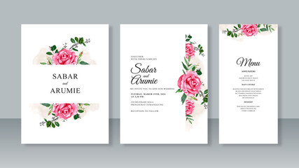 Fototapeta na wymiar Flower watercolor painting for minimalist wedding card invitation set template