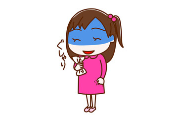 ＜全身・斜め＞紙をぐしゃりと握りつぶして顔色悪く不穏な笑顔を浮かべる少女