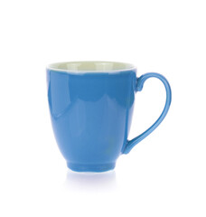 Blue ceramic cup isolated on white background.