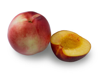 The peach is whole and cut.A yellow-red peach and a cut slice isolated on a white background.Use for labels,menus, posters and web design.