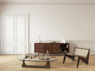 Classic beige interior with dresser, lounge chair and decor. 3d render illustration mockup.