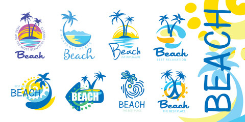 A set of vector icons for the beach with the image of a palm tree and the sea - 446553395