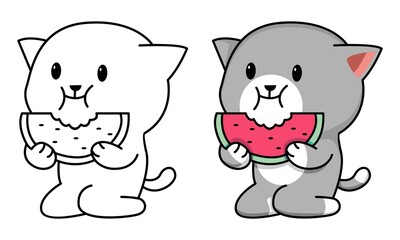 cat eating watermelon coloring page for kids